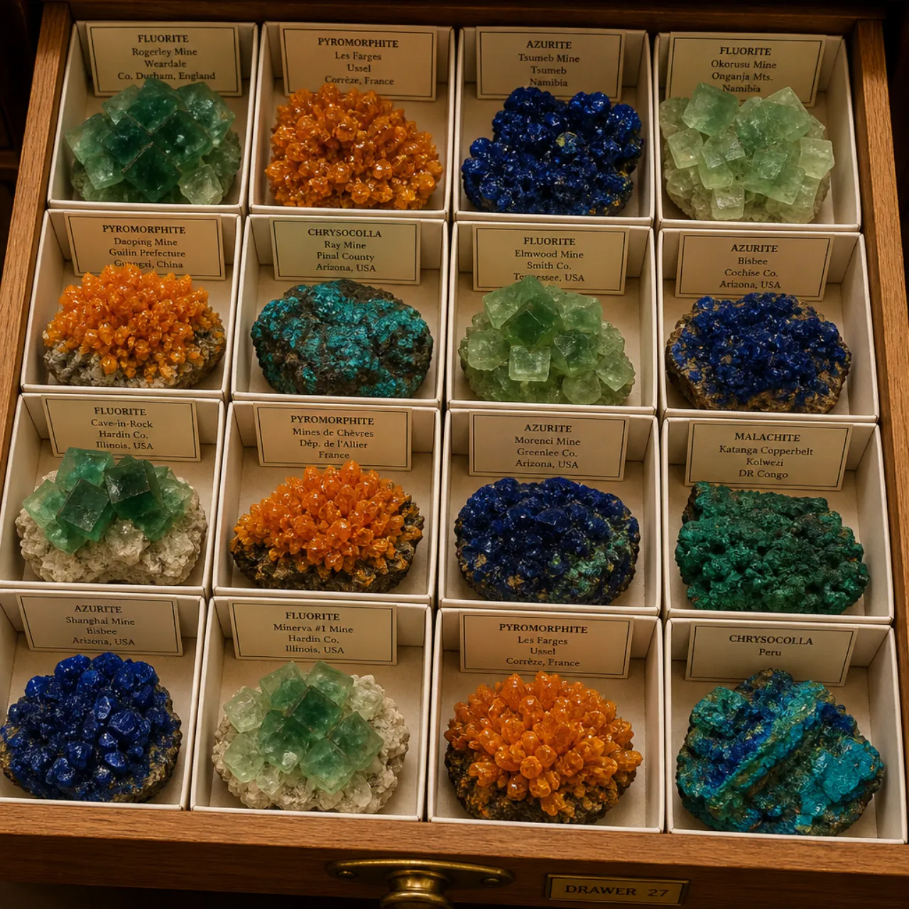 A collector's drawer of British mineral specimens